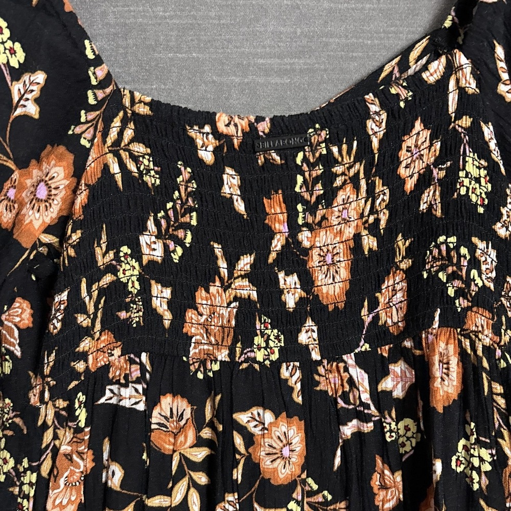 Billabong Dress M Black Floral‎ Smocked Puff Sleeve Midi Gauzy Boho Babydoll - Picture 6 of 10